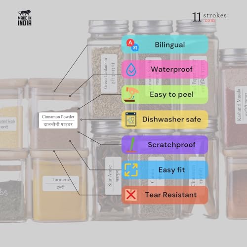 Image of 11 Strokes Printed Label Stickers for Kitchen Jars -Waterproof, pre-Printed Stickers for Kitchen Containers, Bottles, & Pantry Organization-Label Maker for Kitchen Jars, Labels for Kitchen containers