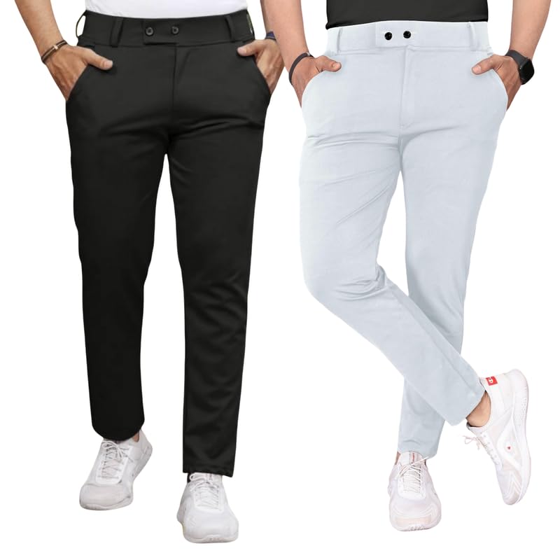 Image of Men Fit Stretch Trousers with Side Pockets | 2-Button Closure | Soft Lycra Blend for Casual & Formal Use