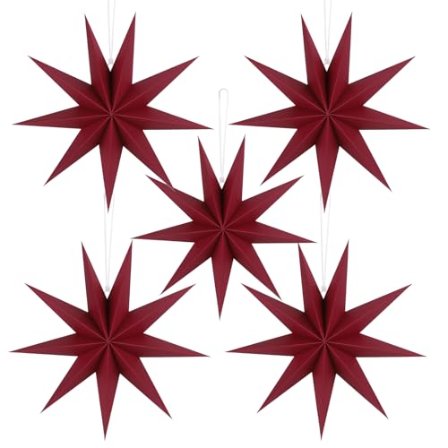 Image of 12 Inches 5 PCS Wine Red Paper Star Lanterns Christmas Party Decorations Hanging Stars Christmas Party Decorations Wedding Birthday Christmas Home Party Decorations(9 Pointed)