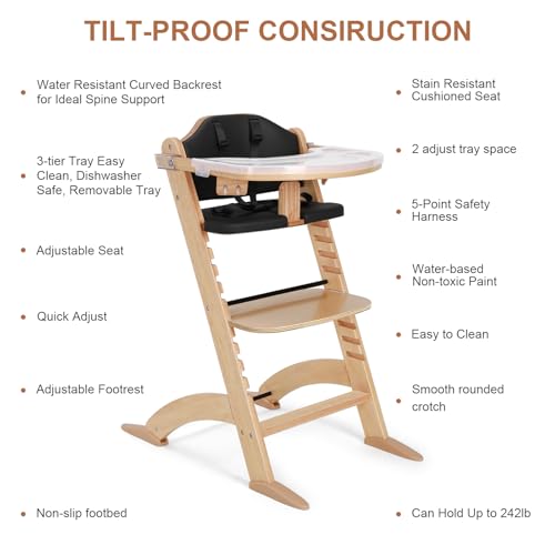 Image of Cowiewie New Upgrade 3-in-1 Convertible Wooden High Chair for Babies & Toddlers 10 Levels Adjustable 3-Tier Remove 2 Waterproof Cozy Cushions Black