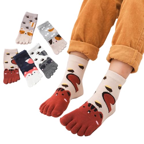 5 Pairs Children's Five Finger Cotton Toe Socks - Cartoon Animal Design for Boys and Girls - Breathable 3-12 Years Old