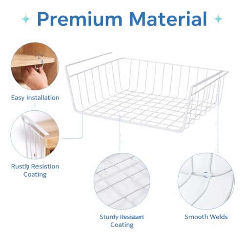 Image of DecorTwist 16 Inch Under Shelf Storage Basket - Heavy Duty Metal Undershelf Organizer for Kitchen Cabinet, Wardrobe & Pantry | No Drill Slide-In Under Cabinet Wire Rack (White) Pack of 2