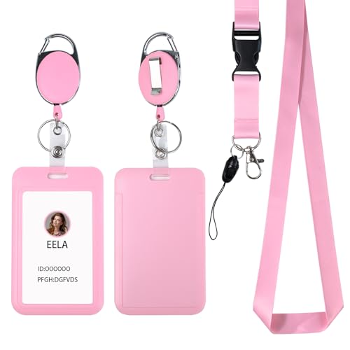 Image of Pink ID Badge Holder with Lanyard, Retractable Badge Holders Reels and Lanyards Release Buckle, for Women Kids Office Nurses Teacher Doctor Student