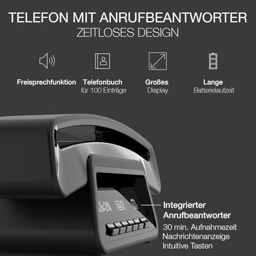ALCATEL ePure Premium - Schnurloses Festnetztelefon DECT mit Anrufbeantworter - Vintage-Design - Basis mit smarter Anzeige - Grafikdisplay - Freisprechfunktion - Anrufblockierungsfunktion - Schwarz