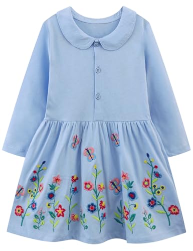 Hongshilian Girls Cartoon Dress Applique Party Dresses Casual Jersey Cotton Long-Sleeved(2T,SkyBlue&Flowers)