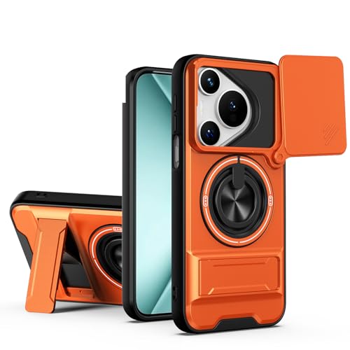 Jiajihua Cover Compatible with Huawei Pura 80 Pro (Plus)/ Pura 80 Ultra Car Magnetic Mount Camera Sliding Window Anti-Drop 2 in 1【PC+TPU】 Ring Holder Kickstand Case Orange