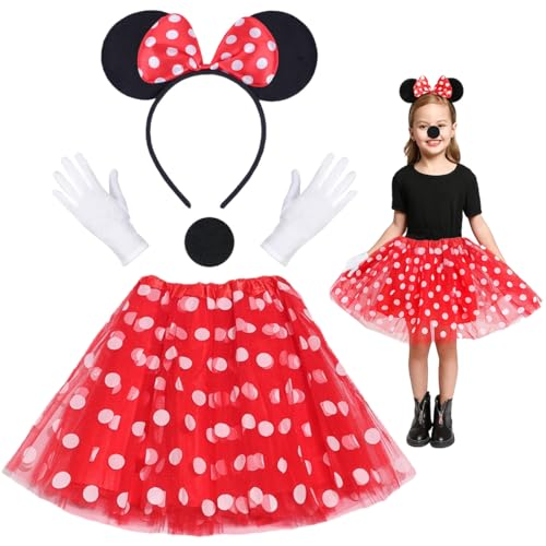 Disfraz de Mouse para Niña, Disfraz de Ratón Mujer, Mouse Disfraces con Tutú de Lunares de Princesa, Orejas de Ratón Aro de Pelo, Guantes y Nariz, Disfraz de Cosplay para Carnaval Halloween
