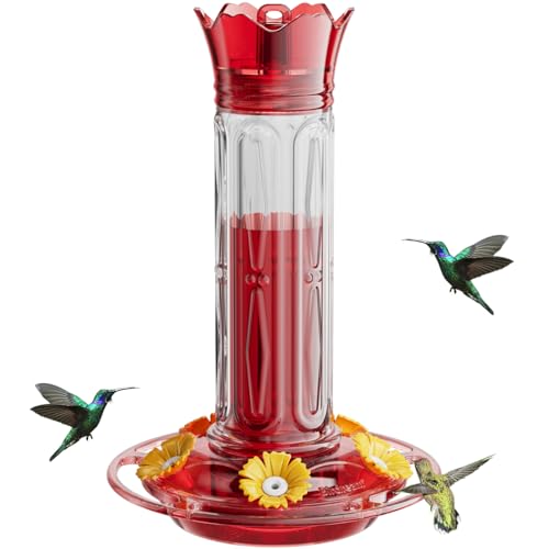 Birdream Hummingbird Feeders for Outdoors Hanging, Leakproof with Built-in Ant Moat & Bee-Resistant Ports, Crown Design Plastic Nectar Feeders, 10 Ounces, Red