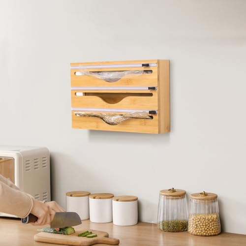 Plastic Wrap Dispenser With Cutter, Cling Film Wooden Organizer with Cutter, Bamboo Wood Cling Food Wrap Dispenser, Kitchen Drawer Organizer, Cuts Plastic Wrap, Parchment Paper, Baking Paper