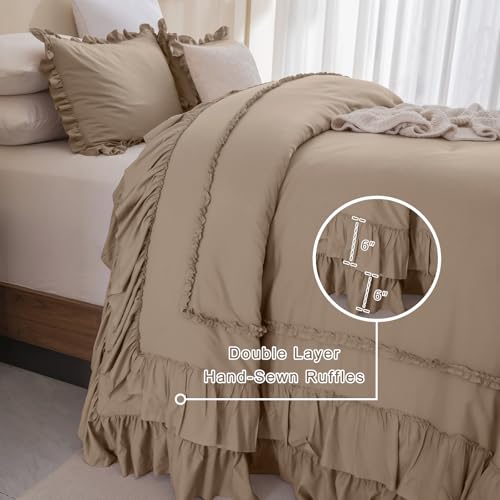 Image of QSH 3PCs Light Taupe Oversized California King Ruffled Bed Comforter Set 128x120, Farmhouse Vintage Chic Comforter French Country Shabby Comforter Soft Microfiber Fluffy Bedding Set