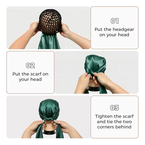 Wrap Cap Hair Net And Scarf, 2 In 1 Heatless Silk Press Wrap For Hair, Adjustable Silk Shower Cap For Sleeping, Hair Wraps Net For Women Black Hair Care, Wraps Cap Bonnet Attached,Durag, Green - Thumbnail 6