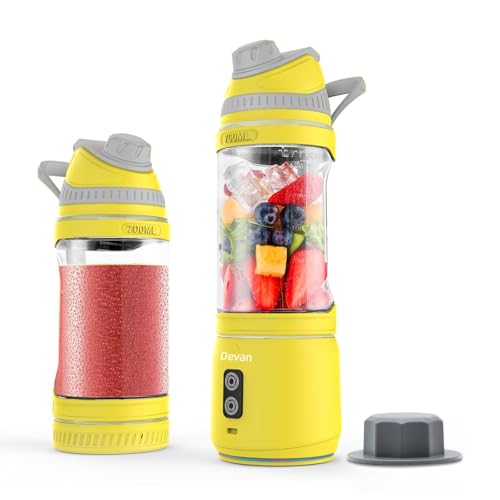 Portable Blender, Anti-Jamming 300 Watt for Shakes and Smoothies, 24oz Travel Blender USB Rechargeable, BPA Free Sporty bottle with a Travel Lid. (Black Base Grey Lid) (Yellow Base Grey Lid)