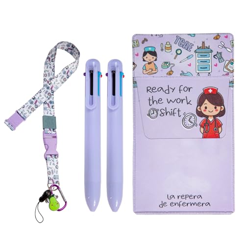 La Repera de Enfermera® Salvabolsillos Enfermeria + 2 Boligrafos Multicolor + Lanyard enfermeria | Conjunto Set Organizador Bolsillo + Pack de Bolis + Lanyard | Enfermera TCAE Accesorios (SET PURPLE)