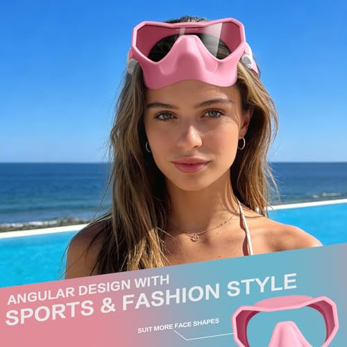 Swim Goggles with Nose Cover for Adults, Anti-Fog Tempered Glass Diving Mask, 180° Panoramic Wide View Swimming Goggles for Men Women, Professional Leak-Proof Snorkeling Mask Pink