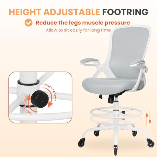 Image of HYLONE Drafting Chair Tall Office, Ergonomic Standing Desk Stool Adjustable Drafting Chair Big Tall Drafting Office Chair White