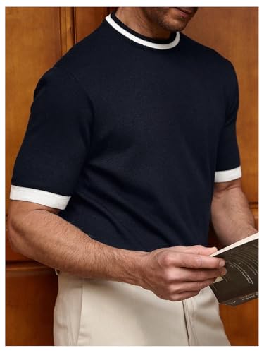 Men's Short Sleeve Summer Knit Tops Contrast Binding Crew Neck Casual Sweater4