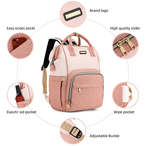 Image of Diaper Bag Backpack, Diaper Bags for Baby Girls Boys, Baby Bags for Moms Dads, Nappy Changing Bag with Insulated Pockets,Multi-functional Waterproof Backpack with Stroller straps -Pink light pink