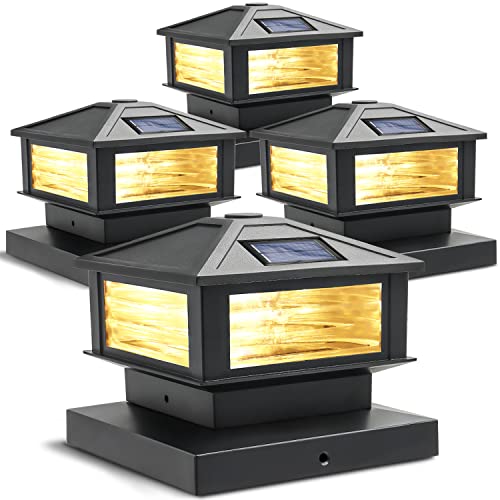 Siedinlar Solar Post Cap Lights Outdoor Glass 2 Color Modes for 4x4 or 6x6 Wooden Posts Warm White & Cool White Lighting Black (4 Pack)