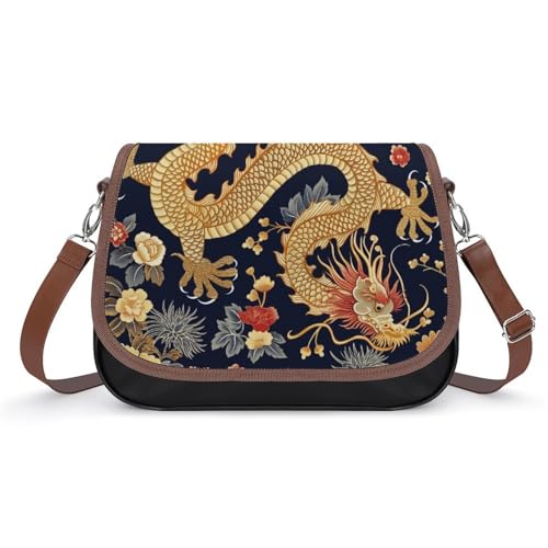 Sac messager pour femmes grand compartiment motif dragon en cuir