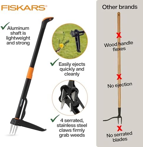 Fiskars Stand-Up Weed Puller Tool, 4 Serrated Stainless Steel Claws Grip Roots for Permanent Removal, Reinforced Foot Platform Penetrates Tough Soil, Easy-Eject & Ergonomic Offset Handle, 39" - 2