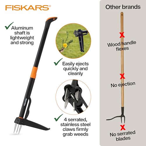 Fiskars Stand-Up Weed Puller Tool, 4 Serrated Stainless Steel Claws Grip Roots for Permanent Removal, Reinforced Foot Platform Penetrates Tough Soil, Easy-Eject & Ergonomic Offset Handle, 39