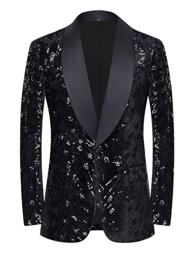 Pyiujtr Men's Sequins Velvet Shawl Lapels Stage Party Prom Wedding Dinner Suit Jacket Blazer