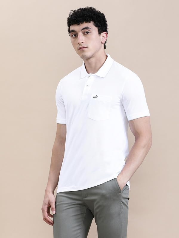 Image of CROCODILE Men Solid Polo T-Shirt | 100% Cotton | Short Sleeve | Slim Fit | Button Placket White