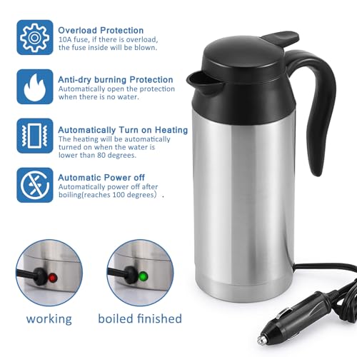 12V Car Kettle Boiler - 650ml Travel Kettle Car Water Heater Stainless Steel Car Coffee Cup Warmer Hot Water Maker with DC 12V Charger Electric Kettle for Car - Image 5