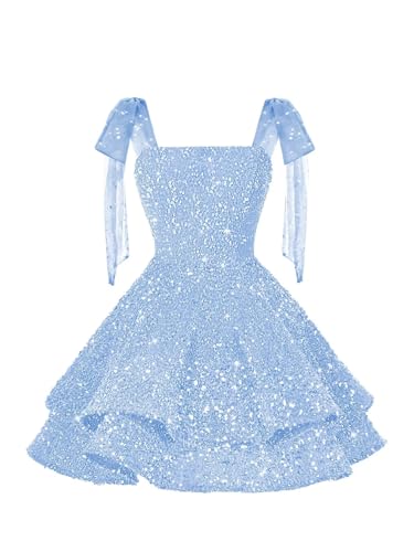 YOFF Spaghetti Straps Short Homecoming Dresses with Bows 2025 Tiered Sparkly Sequin Sweet 16 Prom Cocktail Dress YO203