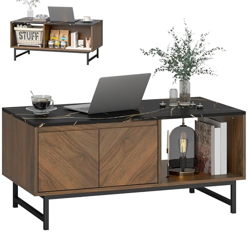 HOMCOM Table Basse, Table de Salon avec Plateau Effet marbre, 2 Portes et 2 Compartiments Ouverts, Cadre en Acier, Style Moderne, pour Salon, Bureau, 100 x...