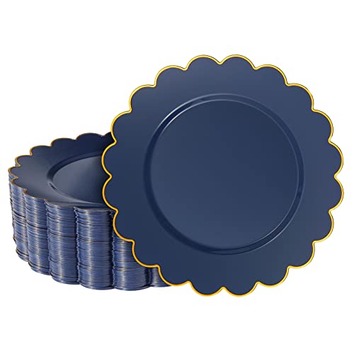 Scalloped Plastic Plates. 50 Pack Navy Blue Plastic Plates for Party, 9