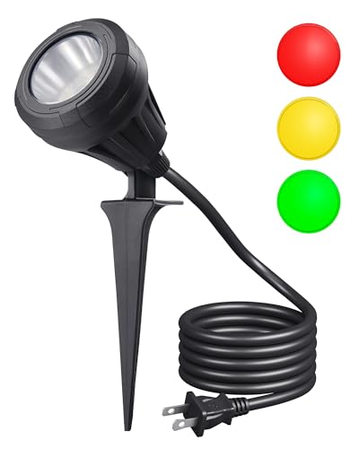 DEWENWILS 120V LED Outdoor Spotlight Christmas, 3 Extra Lenses (Red Green Yellow), 5.5W 5000K Plug in Spotlight, Waterproof Landscape Light for Yard, Tree Flag, Holiday, 5FT Extension Cord, UL Listed