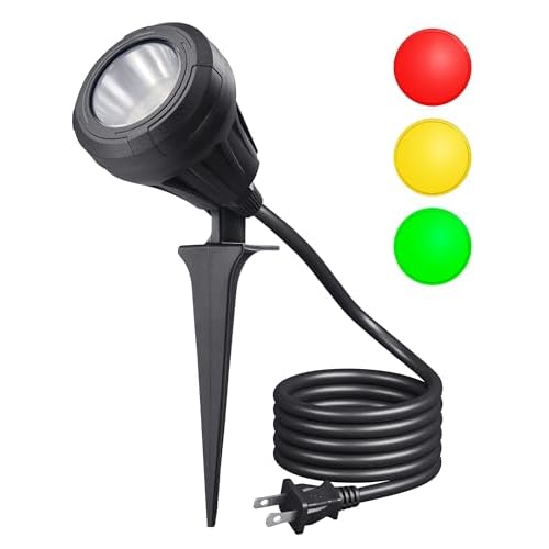 DEWENWILS 120V LED Outdoor Spotlight, 3 Extra Lenses (Red Green Yellow), 5.5W 5000K Plug in Spotlight, Waterproof Landscape Light for Yard, Tree Flag, Holiday, 5FT Extension Cord, UL Listed