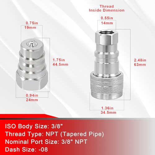 Image of 2Sets 3 /8'' Ag Hydraulic Quick Connect Couplers with Dust Caps, ISO 5675 Pioneer Poppet Style, 3 /8 inch NPT Thread