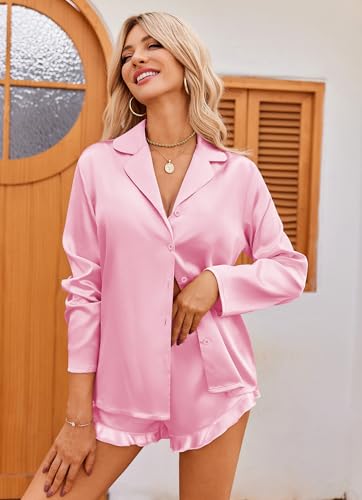 Image of Ekouaer Womens Satin Pajama Sets Cute Button Down Silk Pjs with Ruffle | Long Sleeve Top and Shorts, 2 Piece Sleepwear for Soft Sleep, Lounge, Wedding, Party, Bridal, Date Nights