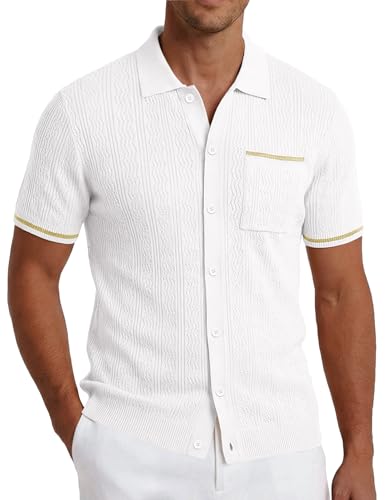 COOFANDY Men Knit Polo Shirts Short Sleeve 2025 Summer Casual Button Up Shirt White