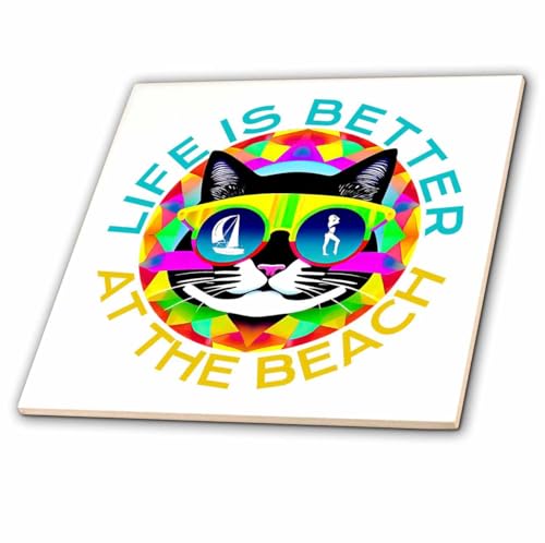 8 Inch Ceramic Tile - Life is Better at The Beach Text and Funny cat in Sunglasses Gift Alexis Design - Animals Cat in Round Frame
