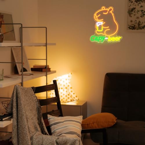 Image of Capybara Beer Neon Sign Animal LED Lights for Bar Man Cave Wall Decor Gifts | Funny Cartoon Neon Light, Dimmable Capy Beer LED Sign, USB Powered, Acrylic Bar Neon Wall Sign, Birthday Gifts, Party Supply