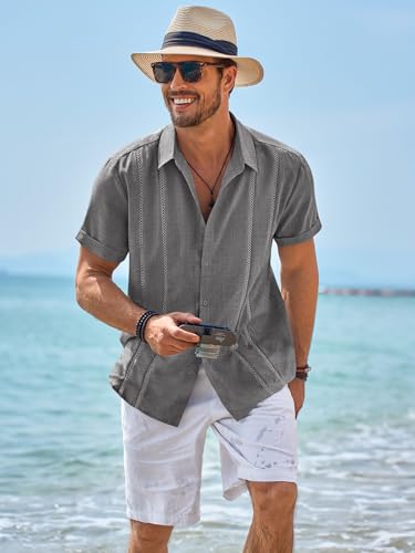 Runcati Mens Guayabera Shirts Short Sleeve Casual Cuban Linen Shirt Button Down Beach Summer Mexican Shirts4
