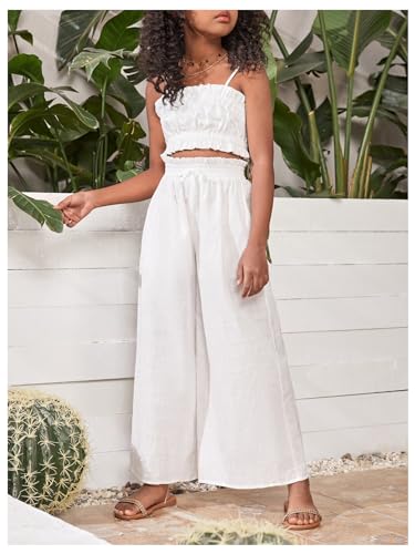 Image of Floerns Girl's 2 Piece Set Ruffle Trim Cami Tops with Paperbag Waist Wide Leg Pants