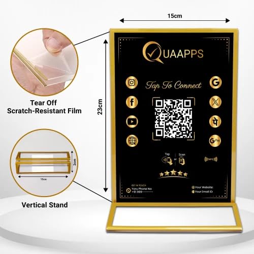 QUAAPPS All in One Customized QR Code Scanner Stand | Boost Business Reviews with Tap or Scan | Pre-Configured | UV Printed Acrylic with Dashboard | 15 X 23 X 6.5cm 2