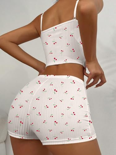 Image of Hilinker Womens Graphic 2 Piece Pajama Set Summer Cute Crop Cami and Shorts Ribbed Lounge Sets