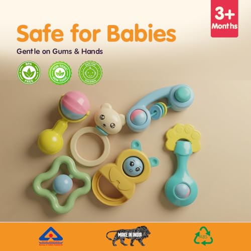 Image of 6 Pcs Premium Baby Rattle & Teether Gift Set with Gift Packing Kit (Sticker Card + Ribbon + Gift Wrap Paper) | Safe, Non-Toxic Toys for Newborns 3+ Months | Colorful Soft Sound Rattles | Perfect Baby Gift Set