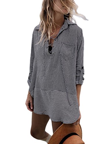 Bsubseach Black Striped Beach Cover Up Dress Women Turn Down Collar Bikini Swimwear Bathing Suit Cover Ups Blouse Tunic with Pocket