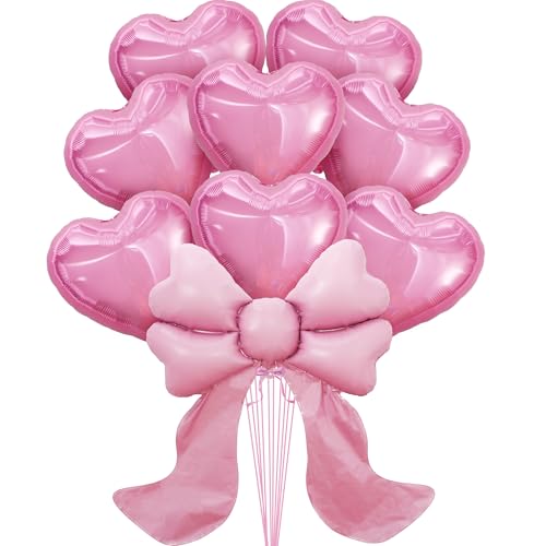 Image of KatchOn, Heart & Bow Balloons Set Pack of 9 Pink | Valentines Day Decorations Party | Heart Shaped Balloons, Pink Bow Balloons Pink | Valentine Decorations| Valentines Day Balloons