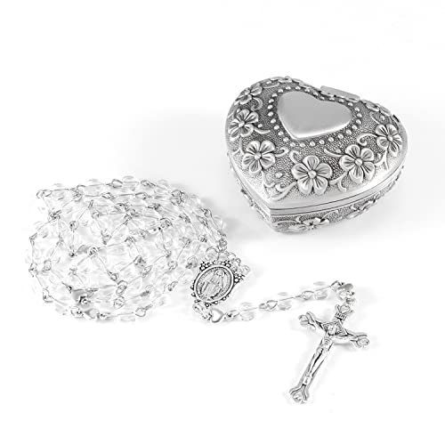 WHLHMK Rosary Necklace with Heart Shaped Vintage Jewelry Box, Catholic Girls' Rosary Beads with White Crystal Heart Shaped Stones, Anglican Christian Gifts for Women