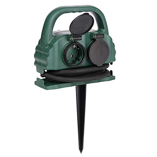 4-fach Gartensteckdose IP44 mit Tragegriff und Erdspieß,wasserfeste Außensteckdose mit H07RN-F Gummi Kabel (10m,grün)