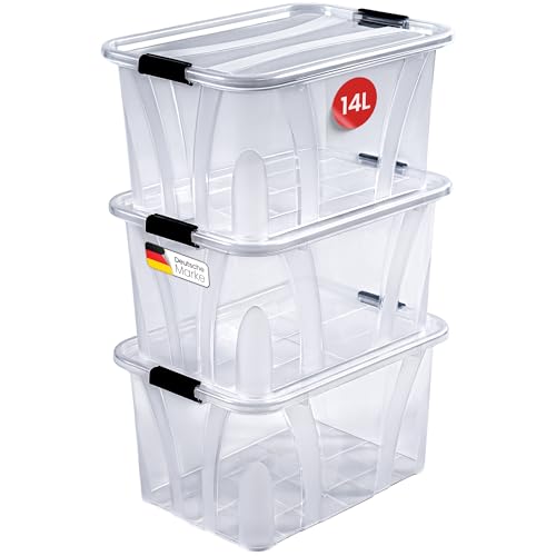 KONZEPT Aufbewahrungsbox mit Deckel (14L-3er Set), BPA-frei, robuster Verschlussclips