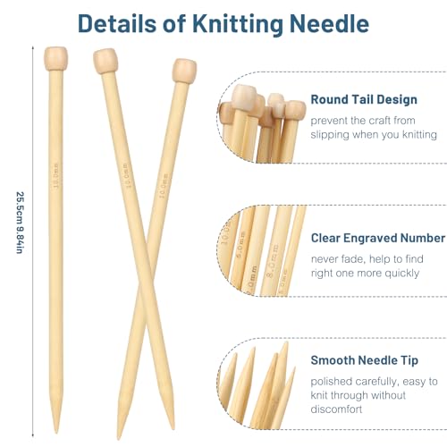 Image of Aeelike 18 Pairs Bamboo Knitting Needles Set - 10 Inches Wooden Knitting Needles Single Point with Roll Bag - Portable Knittings Needle Set for Beginners (2mm - 10mm)