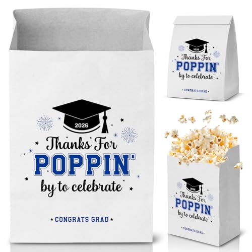 M AMFEOV Graduation Party Favors, 50 Pcs Class of 2026 Graduation Favors Popcorn Bags, Thanks for Popping By Popcorn Bags, Graduation Goodie Bags for Treat Snack Cookie Blue
